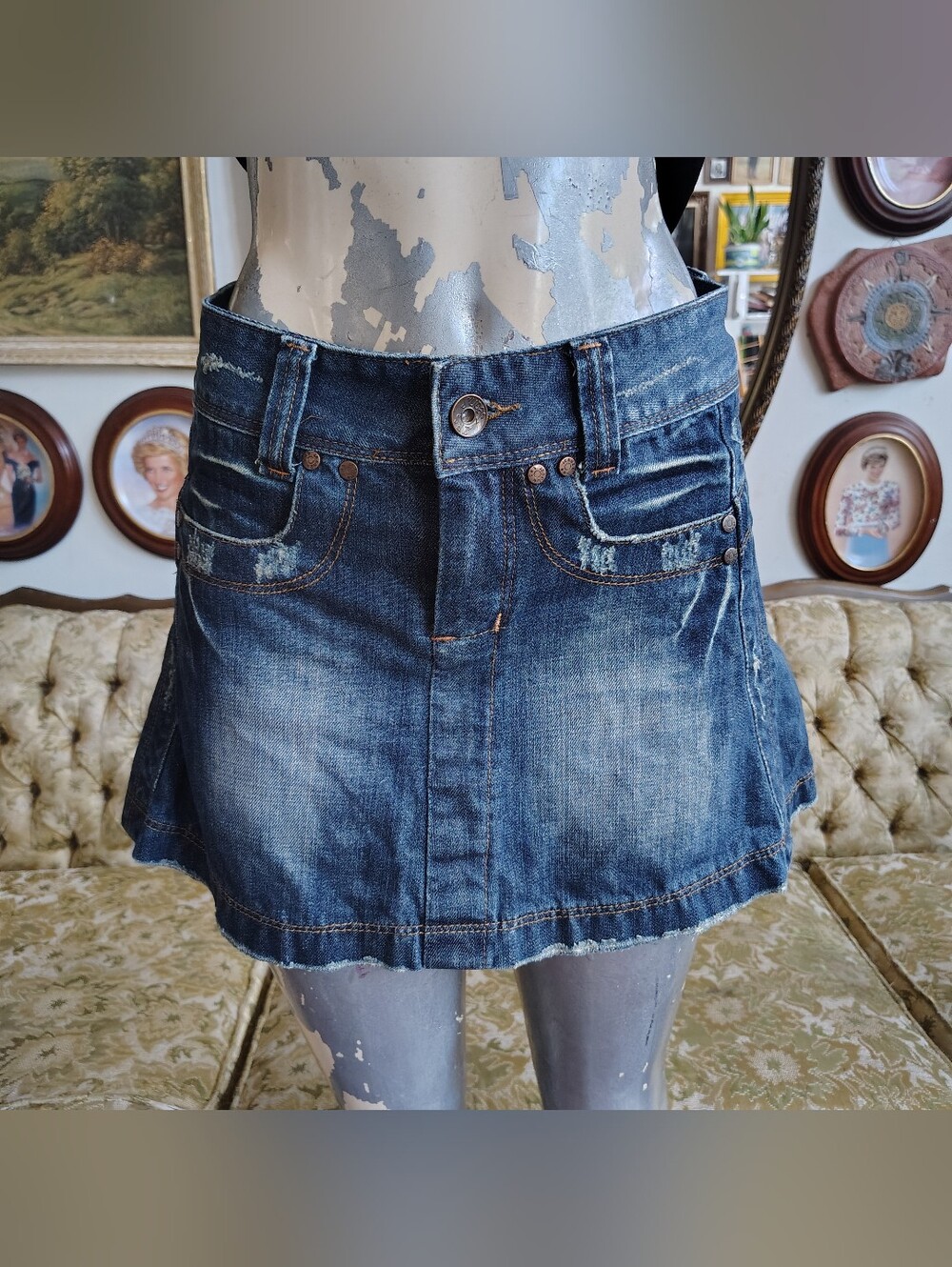 Y2k Vintage Denim Miniskirt Womens Small Medium Blue Low Rise 2000s Jean Skirt